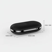 Black wireless charging pad with dimensions on a white background