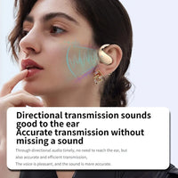 Woman wearing a wireless earbud with text about directional transmission on a light purple background