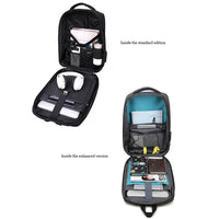 Two backpacks, one standard and one enhanced, with compartments filled with items on a white background.