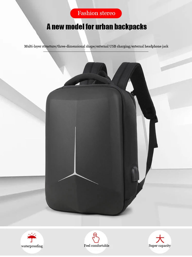 Black backpack with brand logo on a white background