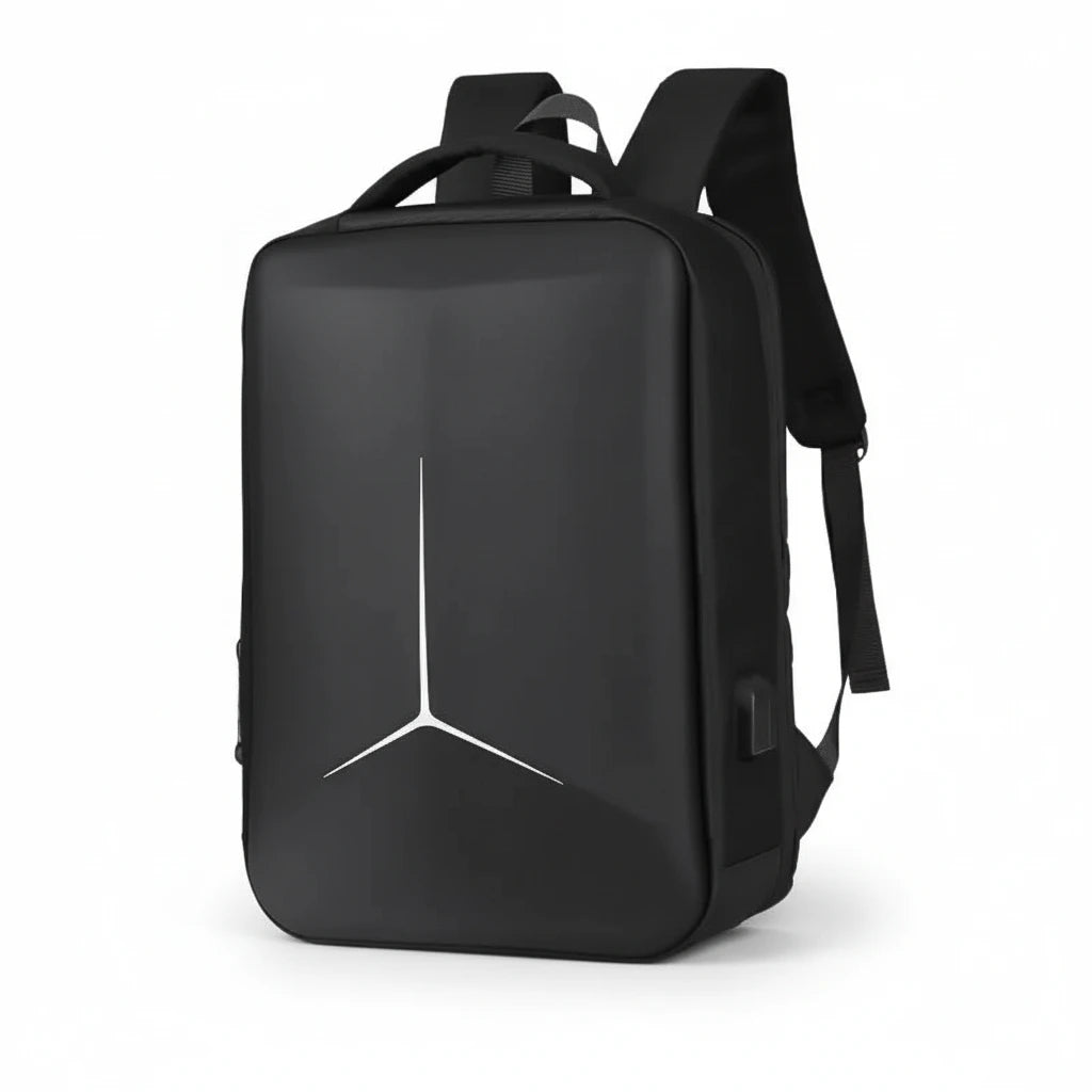 Black backpack with a logo on a white background