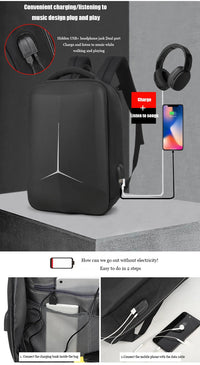Black backpack with USB charging port, smartphone, and headphones on a gray background