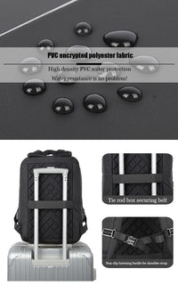 Black backpack with rolling wheels and security belt features, water resistance demonstration.
