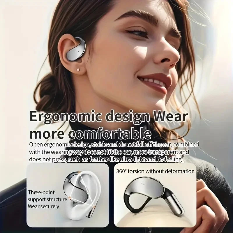 Woman wearing wireless earbuds with product features highlighted