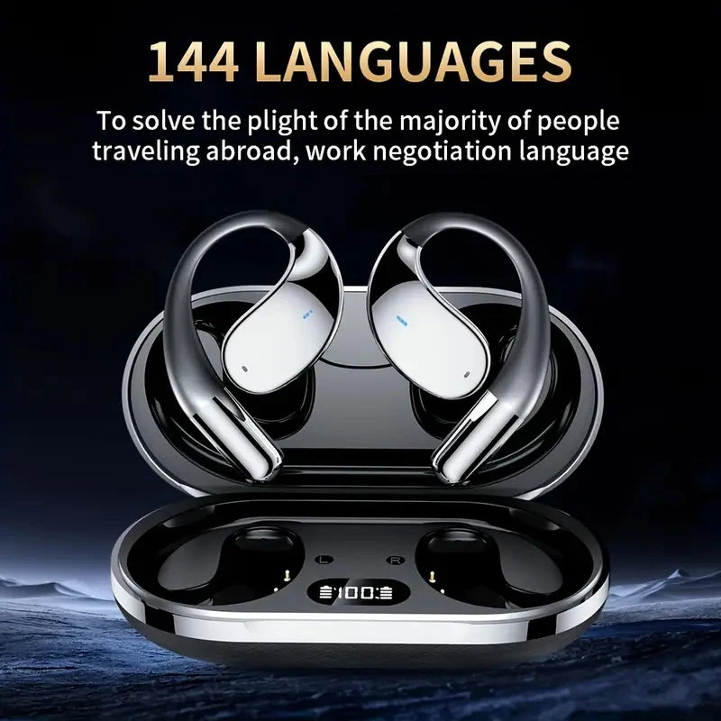 Wireless earbuds with charging case on a dark background, emphasizing language translation feature.