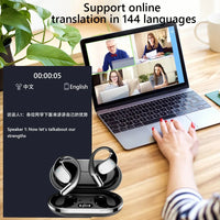 Laptop with video call interface and wireless earbuds on a desk, with text about language translation capabilities.