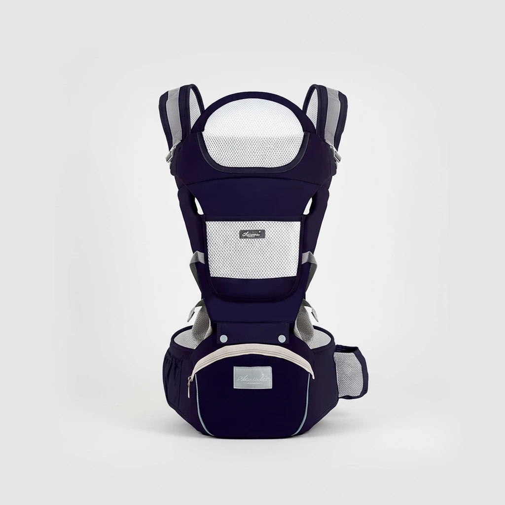Navy blue baby carrier with white accents on a white background