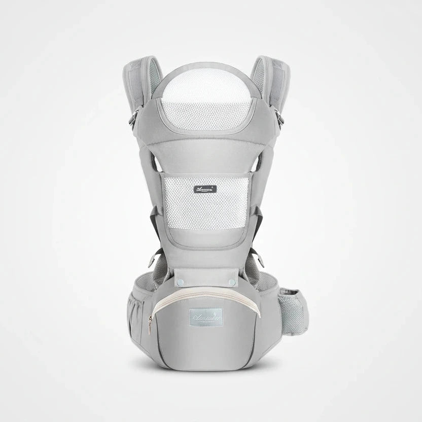 Gray baby carrier with brand logo on a white background