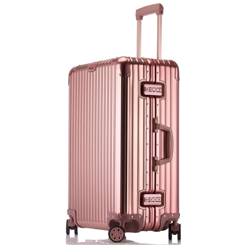 Rose gold suitcase with a reflective surface on a white background