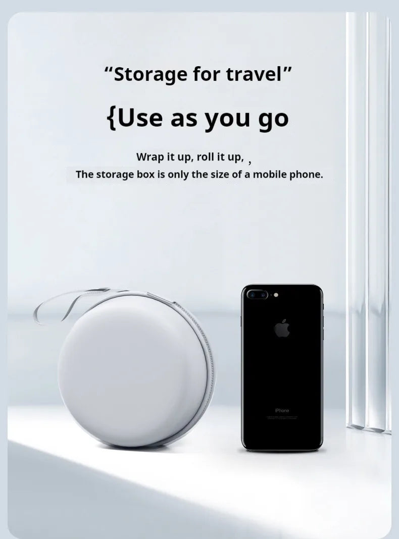 Small round white storage box next to a smartphone on a light gray background with text about travel storage.