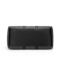 Black clutch bag with geometric pattern on a white background
