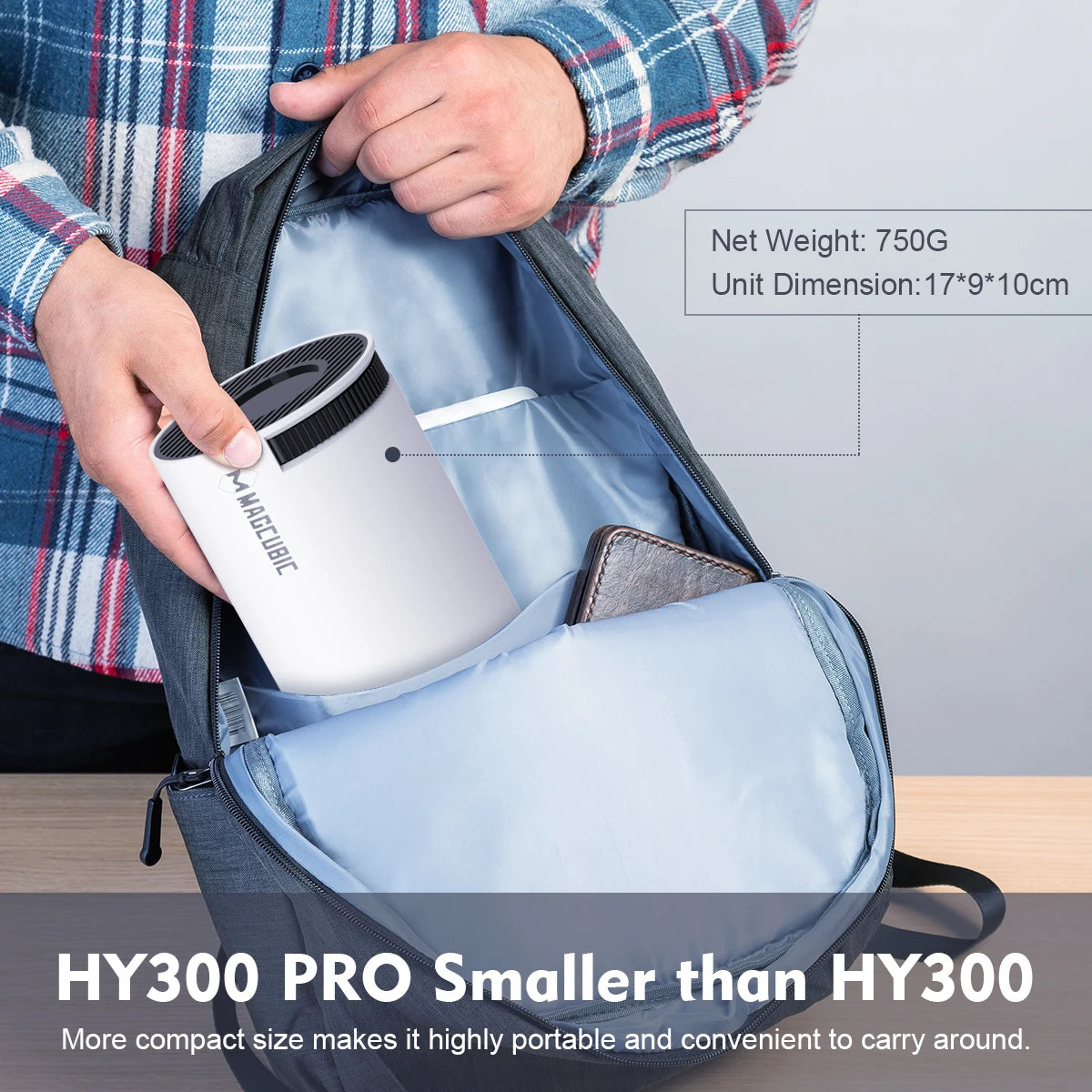 Person holding a white mug with black lid inside a blue backpack, with text about product dimensions and weight.