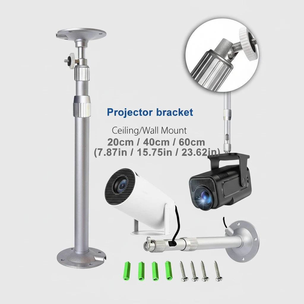 Projector bracket with adjustable height for ceiling or wall mounting, featuring a projector and accessories on a white background.