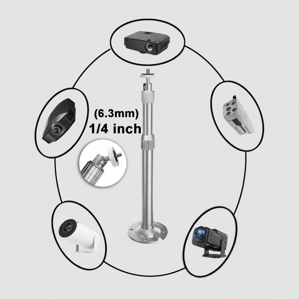 Camera mount system with various camera types and a stand on a white background