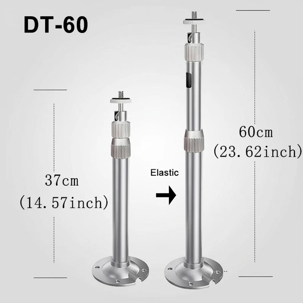 Measurement chart of a metal stand with labeled dimensions on a white background