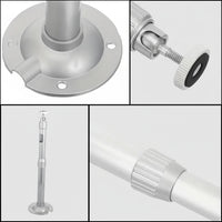 Collage of metal components including a base, adjustable knob, and telescopic rod.