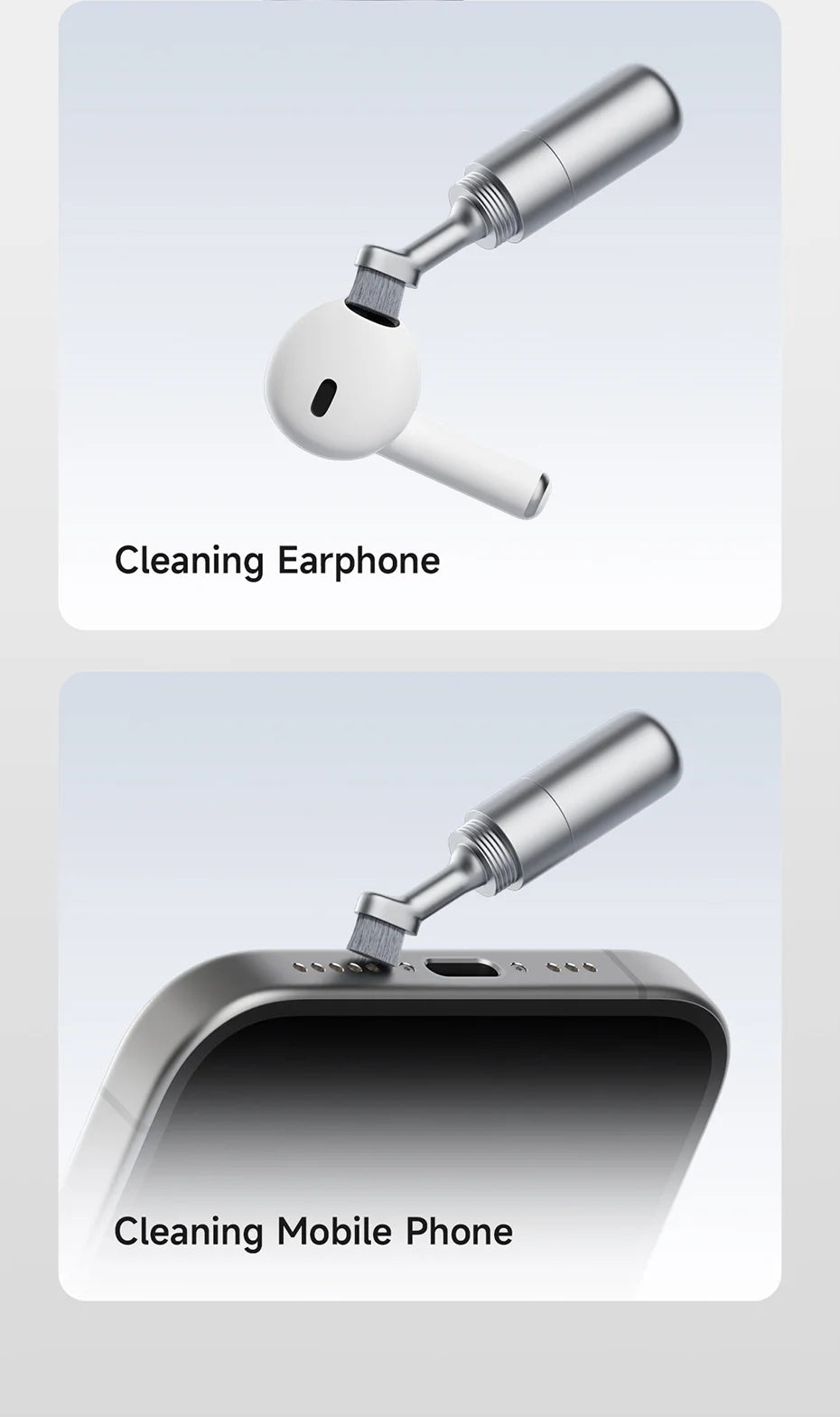 Two cleaning tools for earphones and mobile phones on a light gray background