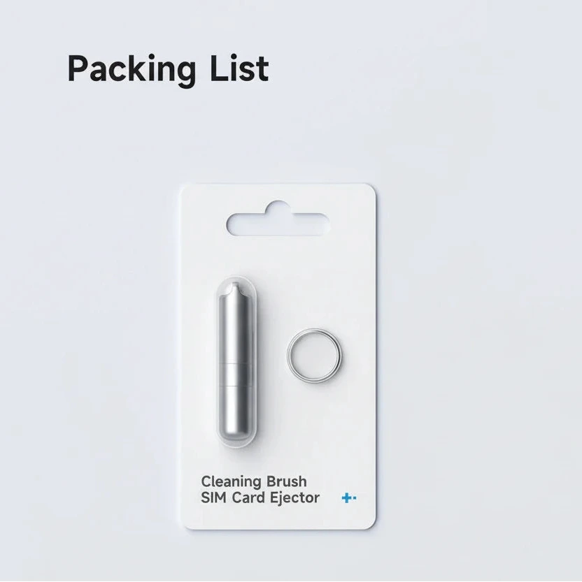 Packing list with cleaning brush and SIM card ejector on a white background