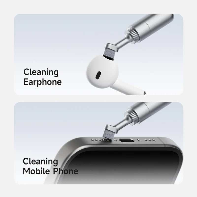 Cleaning tool being used on a white earphone and smartphone.