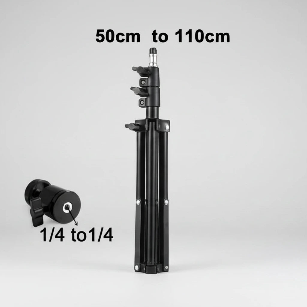 Black adjustable stand with measurement details on a white background