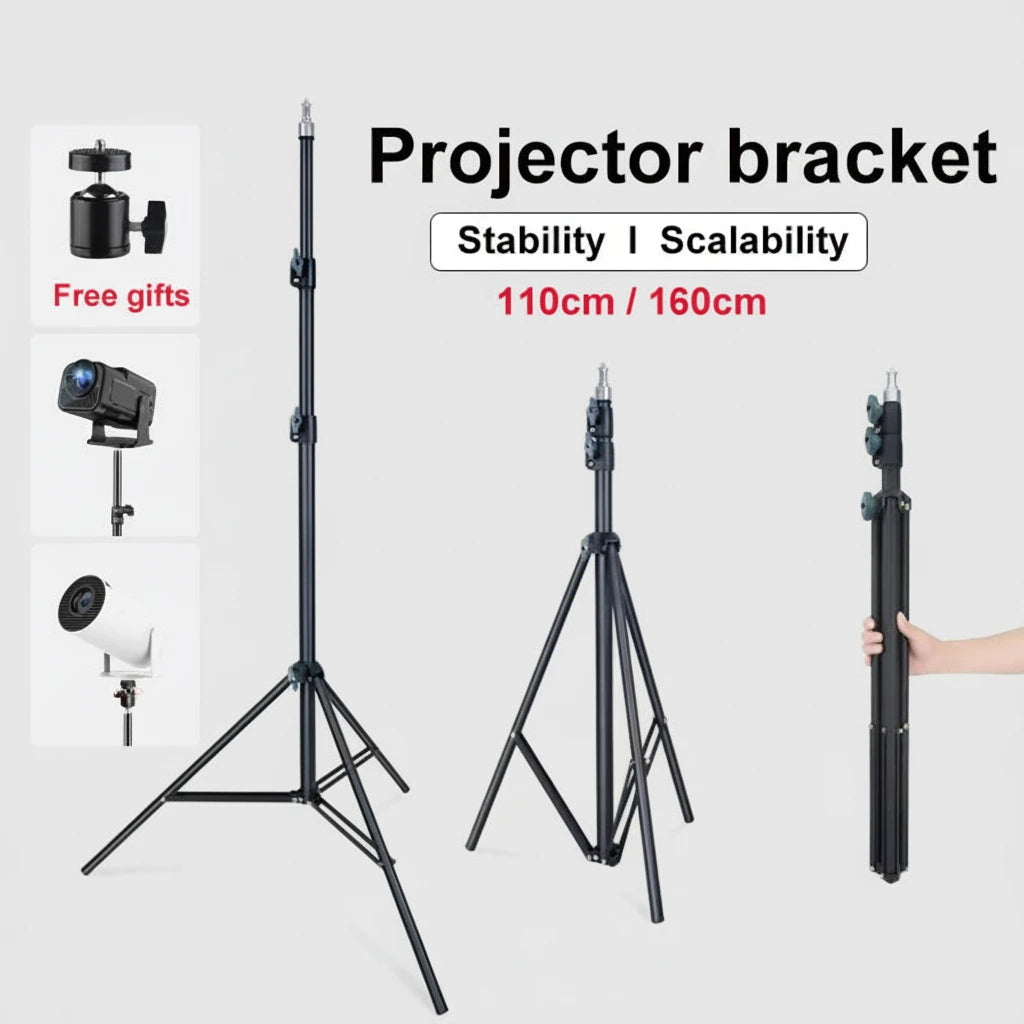 Projector bracket with stability and scalability features, shown in two heights on a white background.