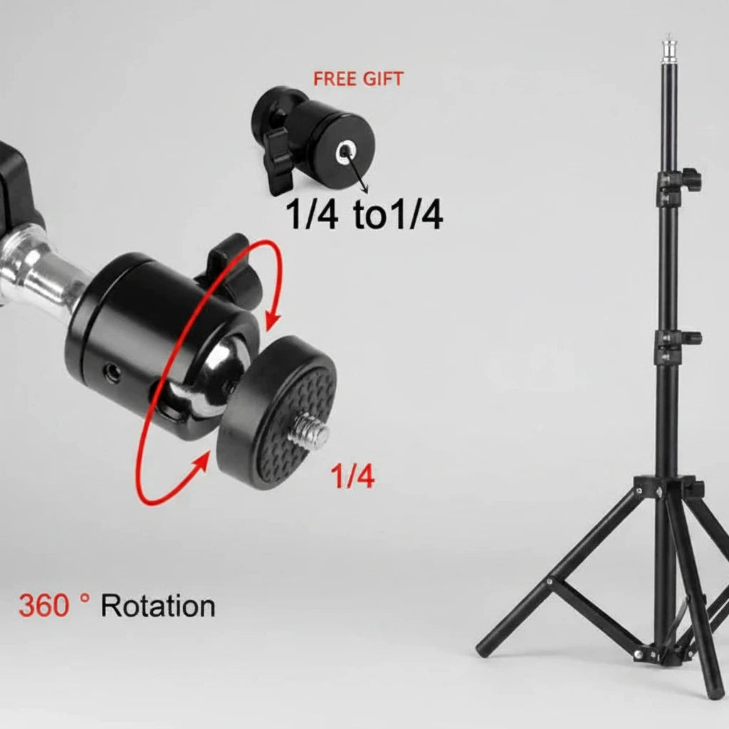 Camera tripod with 360-degree rotation feature and free gift on a white background