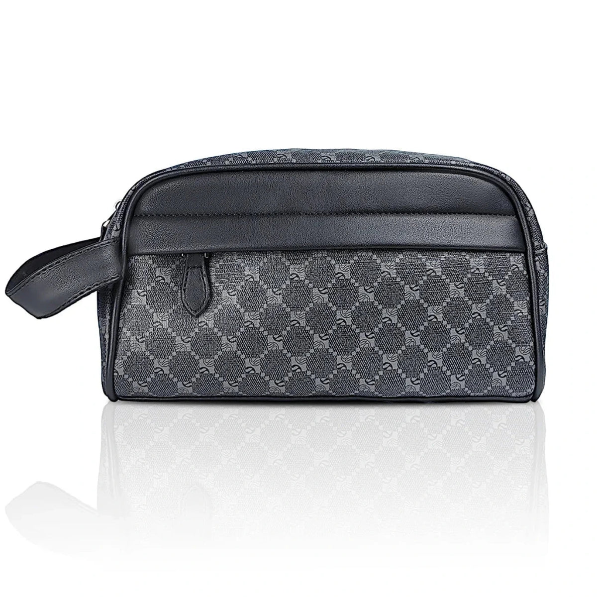 Gray toiletry bag with black accents on a white background