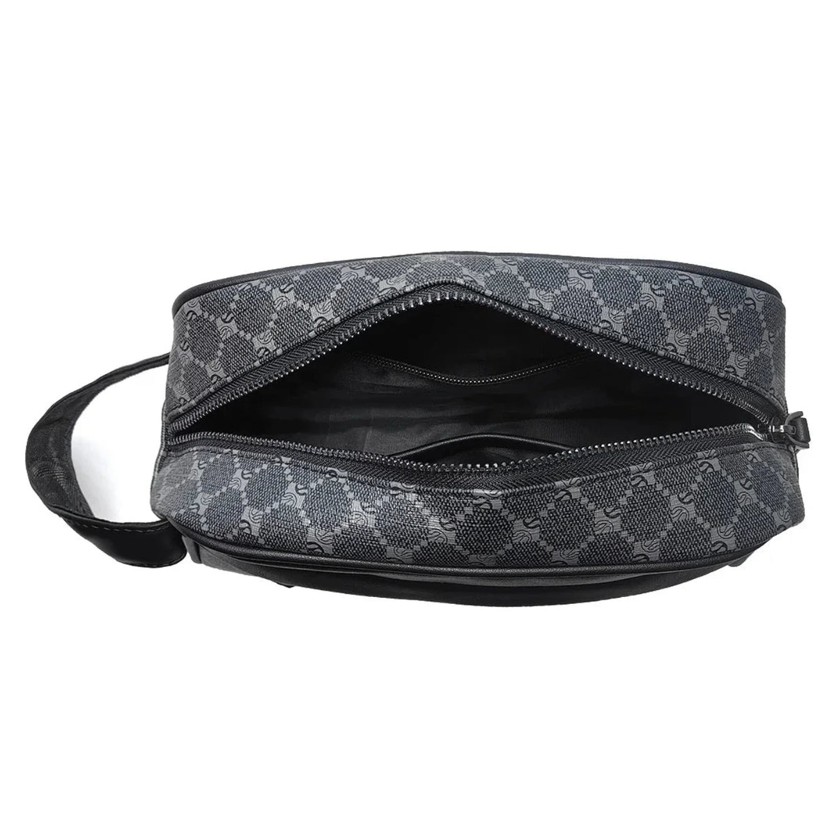 Black and gray patterned pouch with zipper on a white background