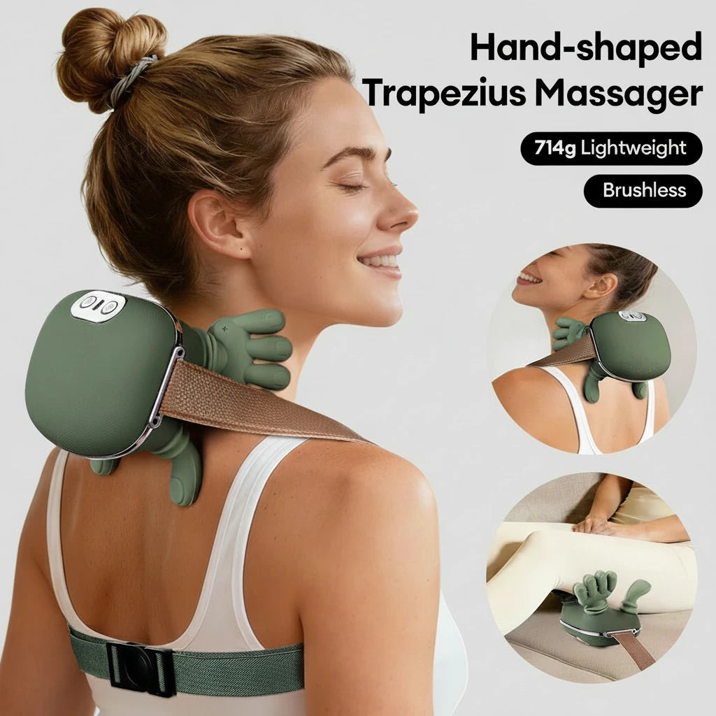 Woman using a hand-shaped trapezius massager on her shoulder with product details displayed.
