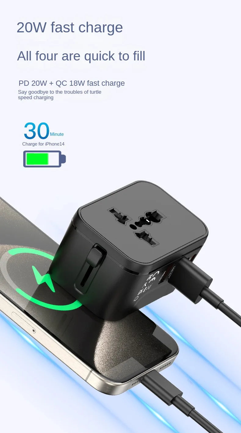 Fast charging adapter with smartphone on a white background