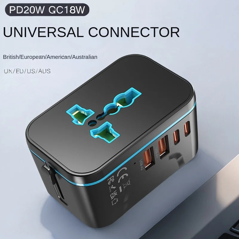 Universal connector with multiple USB ports on a light gray background