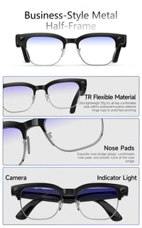 Business-style metal half-frame glasses with features highlighted on a white background