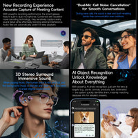 Promotional collage of smart glasses with features like dual-mic call noise cancellation, 3D stereo surround sound, and AI object recognition.
