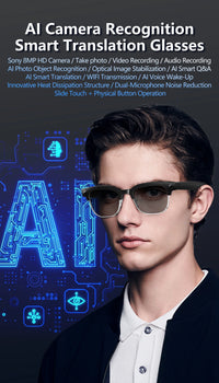 Smart translation glasses with a person wearing them, set against a dark background with blue digital graphics.