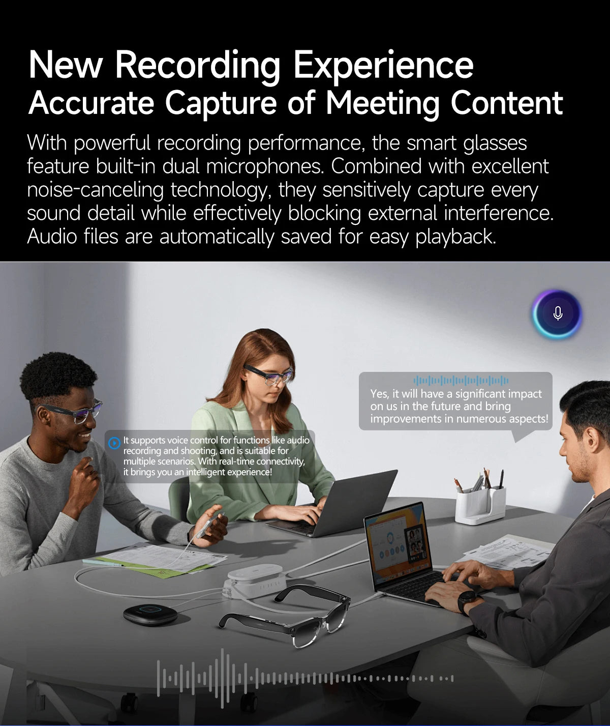 Smart glasses with dual microphones and noise-canceling technology being used in a meeting setting.