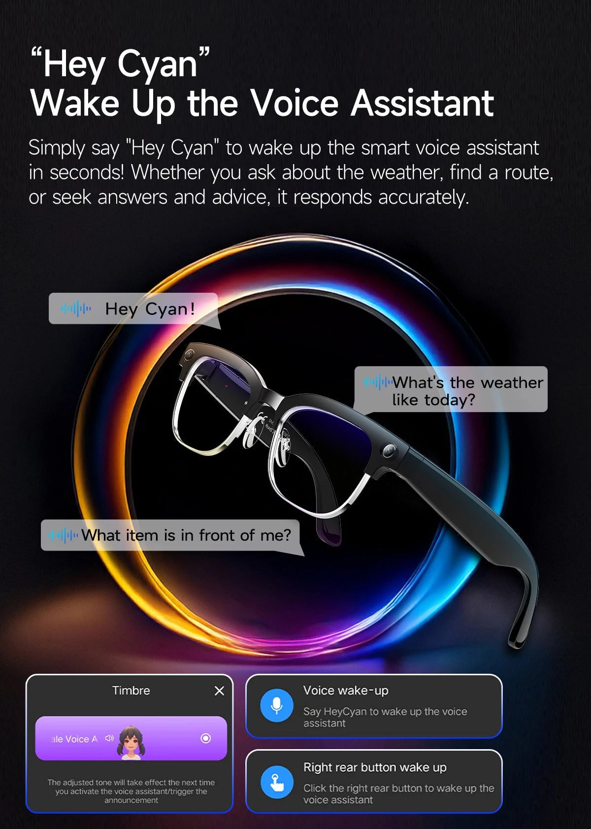 Smart glasses with voice assistant feature on a dark background