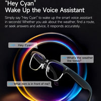 Smart glasses with voice assistant feature on a dark background