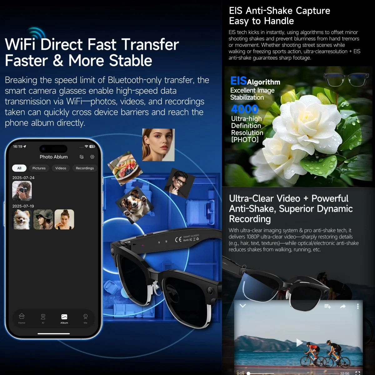 Smart camera glasses with smartphone app interface and scenic video display on a dark background