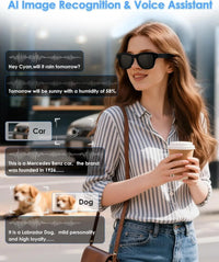 Woman holding a coffee cup with AI integration features displayed on screen