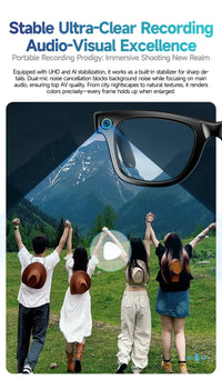 Sunglasses with a mountainous landscape and people in the background, promoting audio-visual excellence.