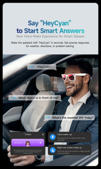 Person wearing smart glasses with a digital assistant interface, interacting with a car interior.