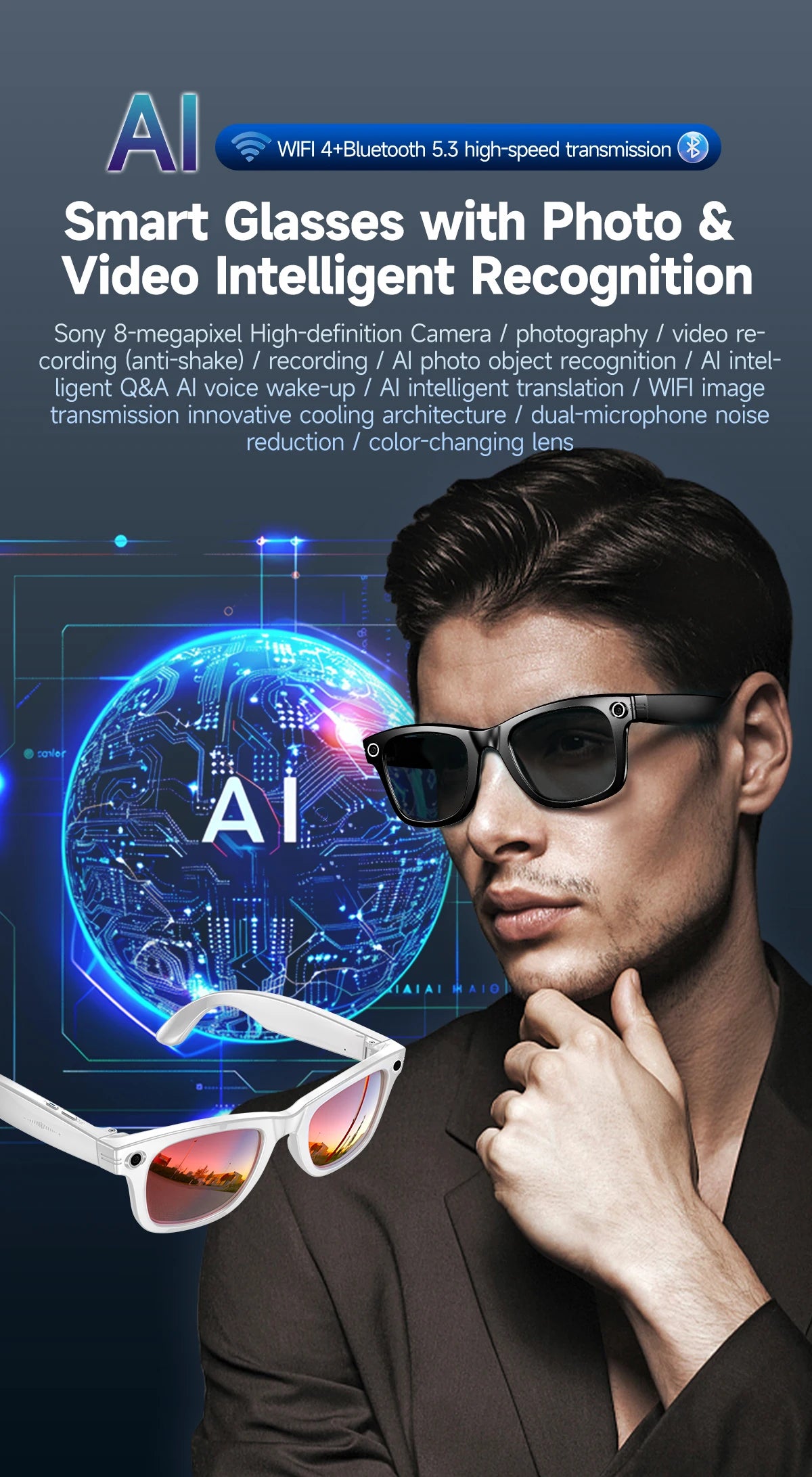 Smart glasses with AI features displayed on a dark background