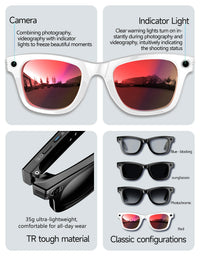 Sunglasses with camera and indicator light features on a gray background