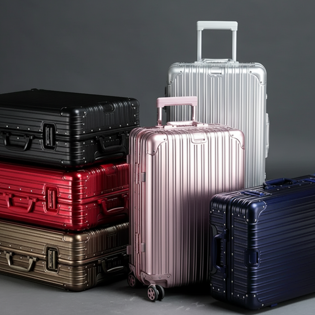 Set of colorful suitcases on a gray background