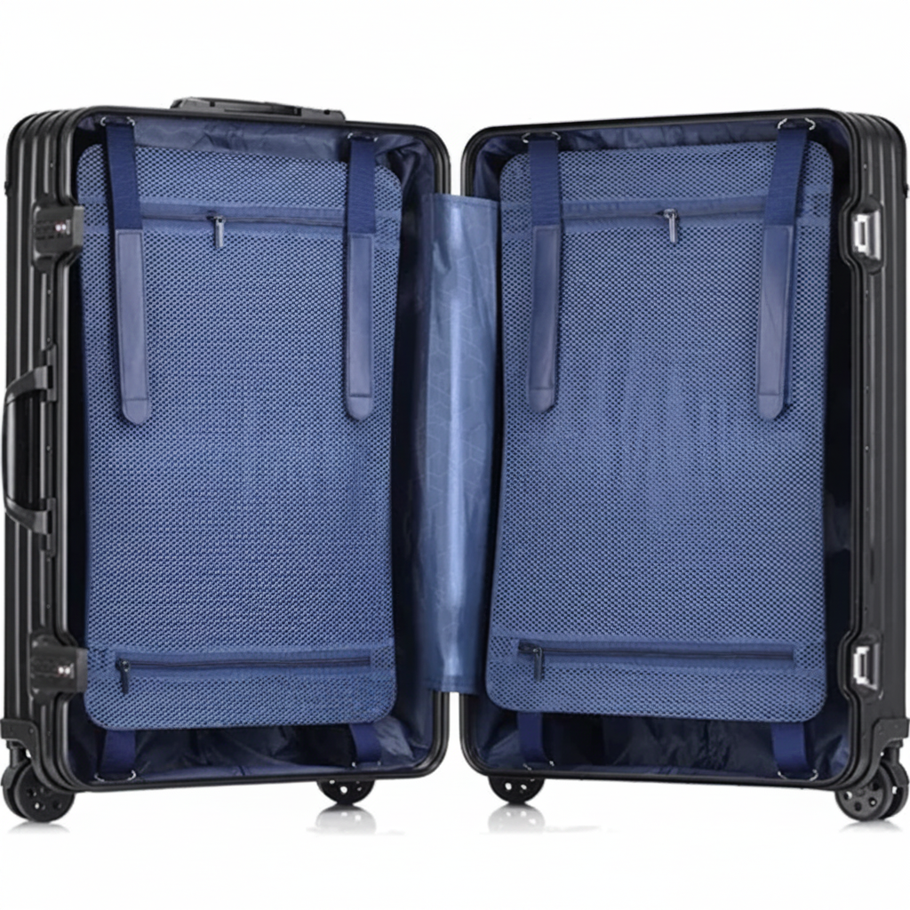 Open blue suitcase on a white background