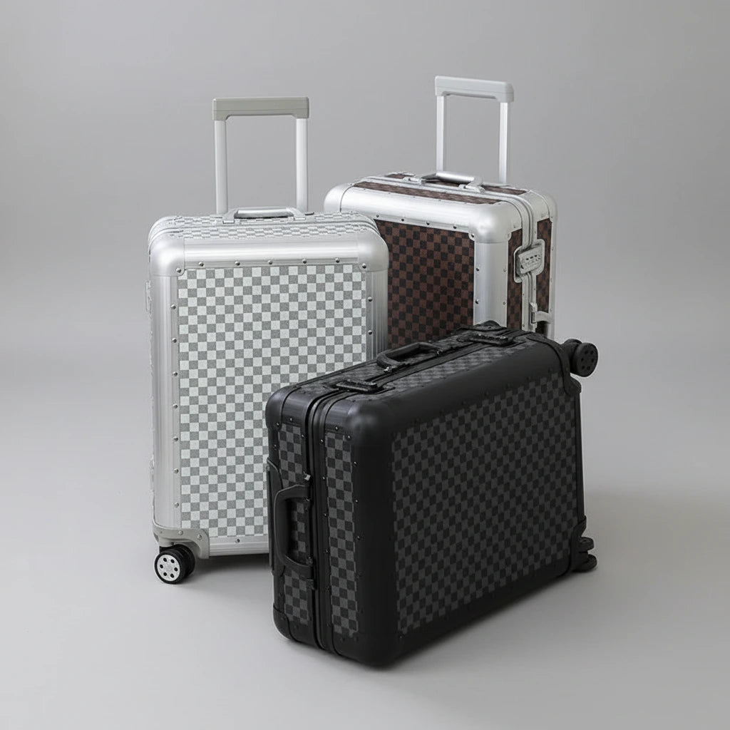 The Monarch premium aluminum carry-on collection in Midnight Onyx, Arctic Silver, and Heritage Bronze, curated by AERIA Prestige.