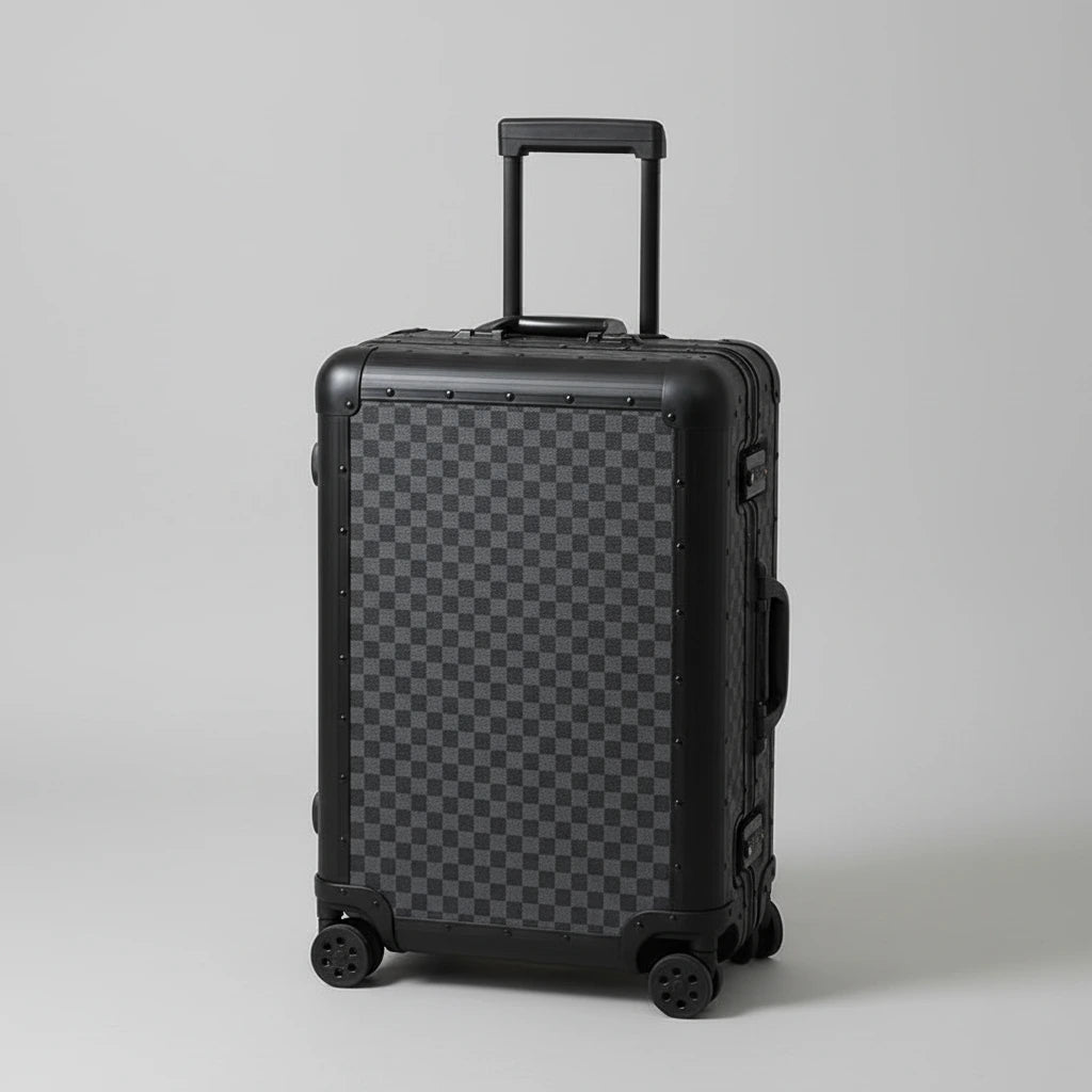 The Monarch premium aluminum suitcase in Midnight Onyx, featuring a reinforced zipperless frame, curated and certified by AERIA Prestige.