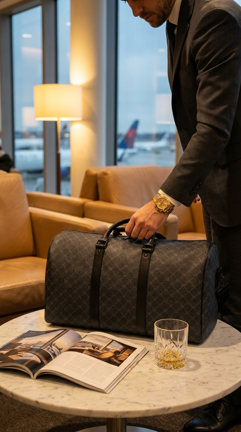 Professional business traveler in an airport lounge with an Aeria Prestige luxury travel bag, embodying a minimalist and serene travel experience.