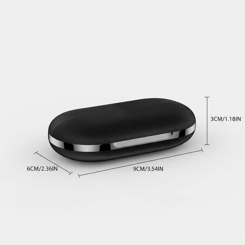Black wireless charging pad with dimensions on a white background