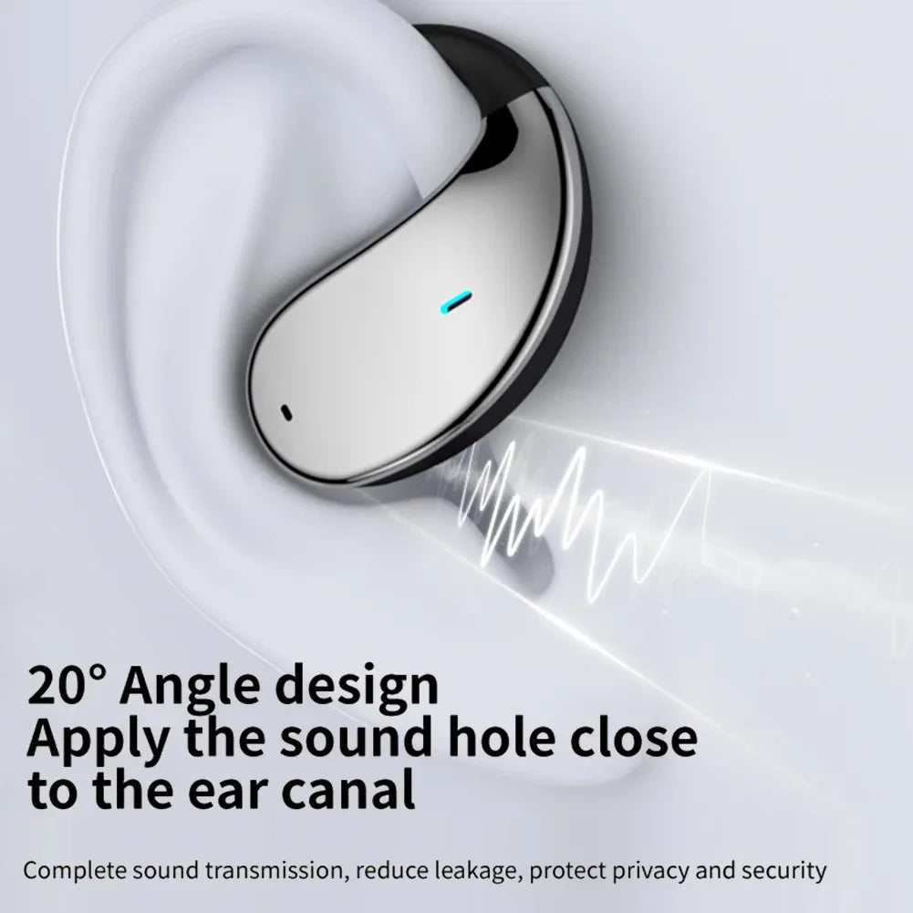Wireless earbud with 20-degree angle design on a light gray background